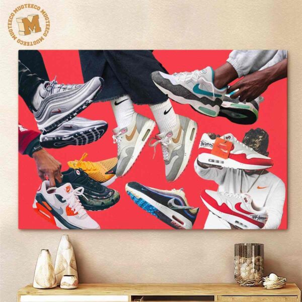 Nike Air Max Day Anniversary All The Signarture Air Max On Feet In Red Background Decor Poster Canvas