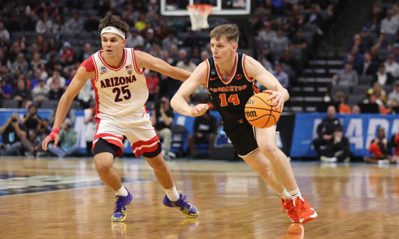 Princetons During the Tigers' shocking upset of No. 2 seed Arizona on Thursday in Sacramento, California, Matt Allocco drives to the basket as Arizona's Kerr Kriisa guards.