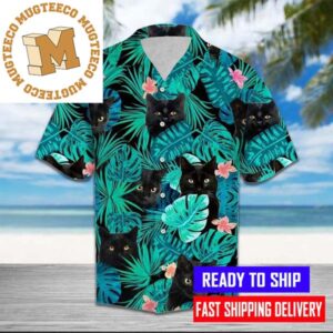 Black Cat Hiding Tropical Green Cat Hawaii Shirt