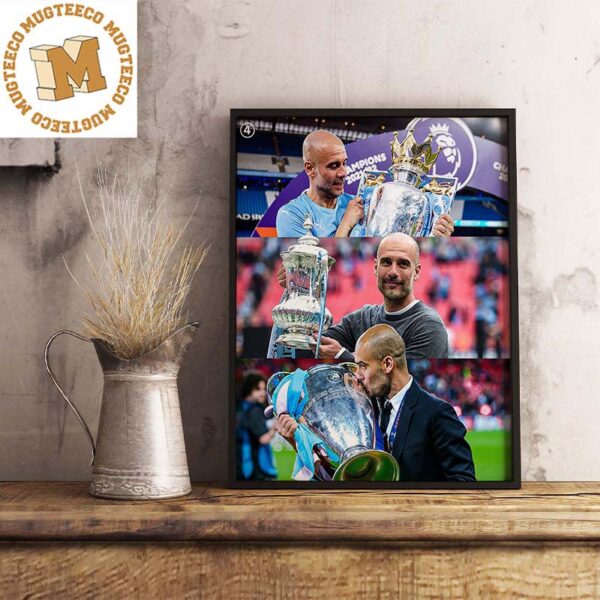 Manchester City Pep Guardiola Cups Champions Wall Decor Poster Canvas