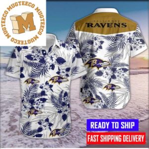 NFL Baltimore Ravens Logo And Tropical Flower All Over Print Hawaiian Shirt