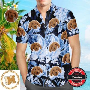 Custom Personalized Hawaiian Shirt With Dog Face Tropical Blue Retro Flower Beach Shirt Holiday Gift 2023