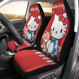 Hello Kitty Picnic With Teddy Bear In Red Background Car Seat Covers