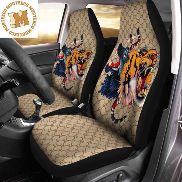 Luxury Gucci Signature Tiger Snaker Wolf And Bee In Beige Monogram Background Car Seat Covers