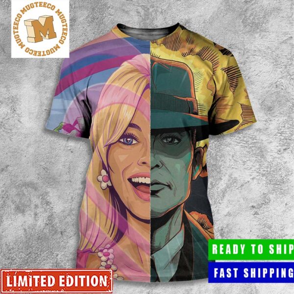 Barbie And Oppenheimer The Battle Split Art Barbenheimer All Over Print Shirt