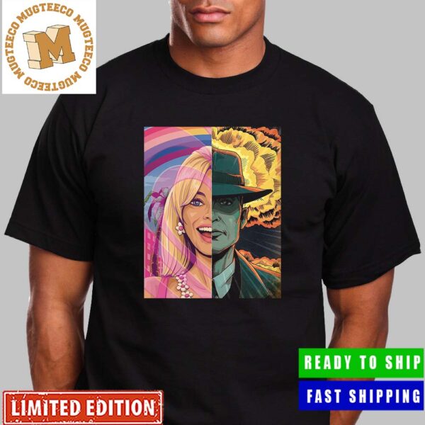 Barbie And Oppenheimer The Battle Split Art Barbenheimer Premium Unisex T-Shirt