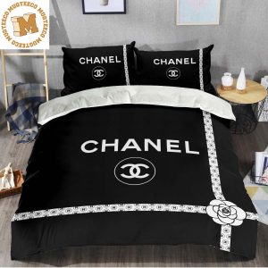 Best Chanel Big Signature Logo With White Monogram Stripes Ribbon In Basic Black Background Bedding Set