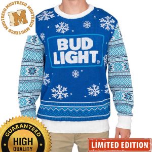 Bud Light Beer Big Logo In Blue And White With Snowflakes Detail Christmas Ugly Sweater 2023