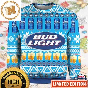 Bud Light Beer Can And Beer Drink Pattern Blue Christmas Ugly Sweater