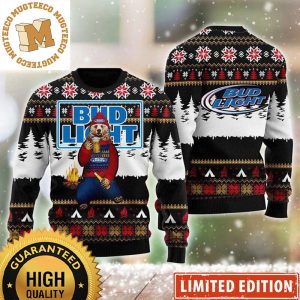 Bud Light Big Logo With Bear Wearing Sweater Drinking Bud Light Funny Christmas Ugly Sweater