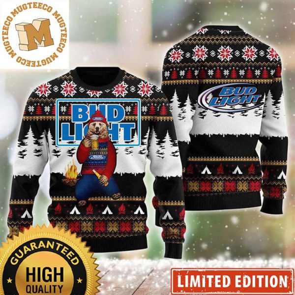 Bud Light Big Logo With Bear Wearing Sweater Drinking Bud Light Funny Christmas Ugly Sweater