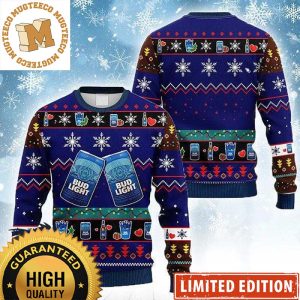 Bud Light Cheering Cans With Snowflakes And Pine Tree Pattern Christmas Ugly Sweater 2023 For Beer Lovers