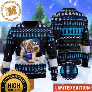 Bud Light Funny Bulldog Drink Bud Light Beer In The Snowly Night Christmas Ugly Sweater