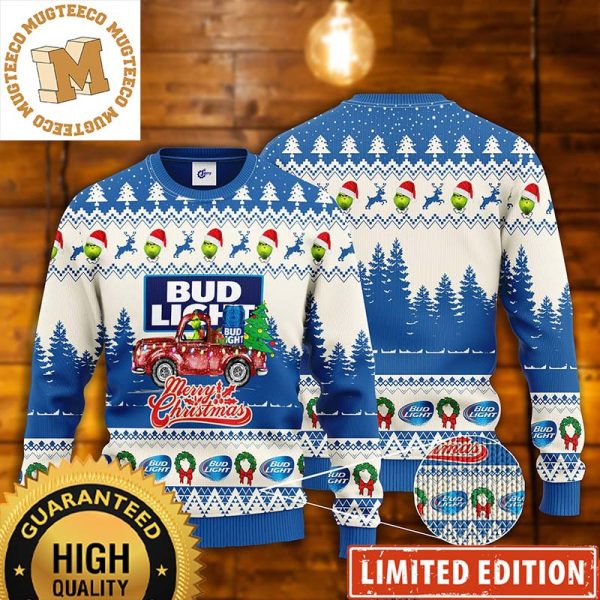 Bud Light Grinch Ride The Truck Steal The Christmas And Bud Light And Merry Christmas Holiday Ugly Sweater 2023