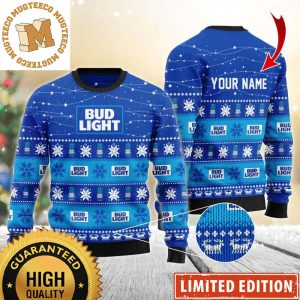 Bud Light Logo Pattern Twinkle Lights Personalized Blue Christmas Ugly Sweater 2023