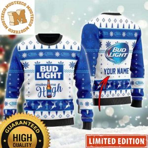 Bud Light Makes Me High For Beer Lovers Snowflakes And Pine Tree Knitting Pattern White And Blue Holiday Ugly Sweater