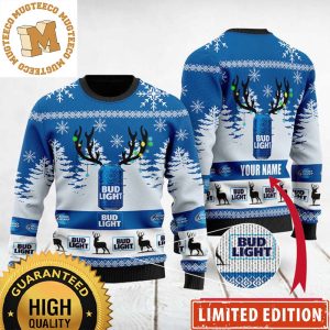 Bud Light Reindeer Cans Personalized Blue And White Christmas Ugly Sweater