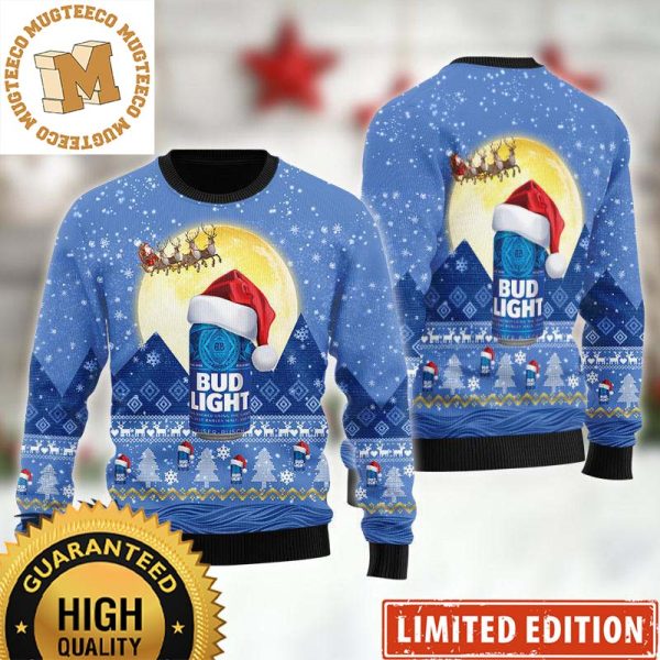 Bud Light With Santa Hat Santa Claus Sleigh Snowflakes Knitting Pattern Christmas Ugly Sweater 2023