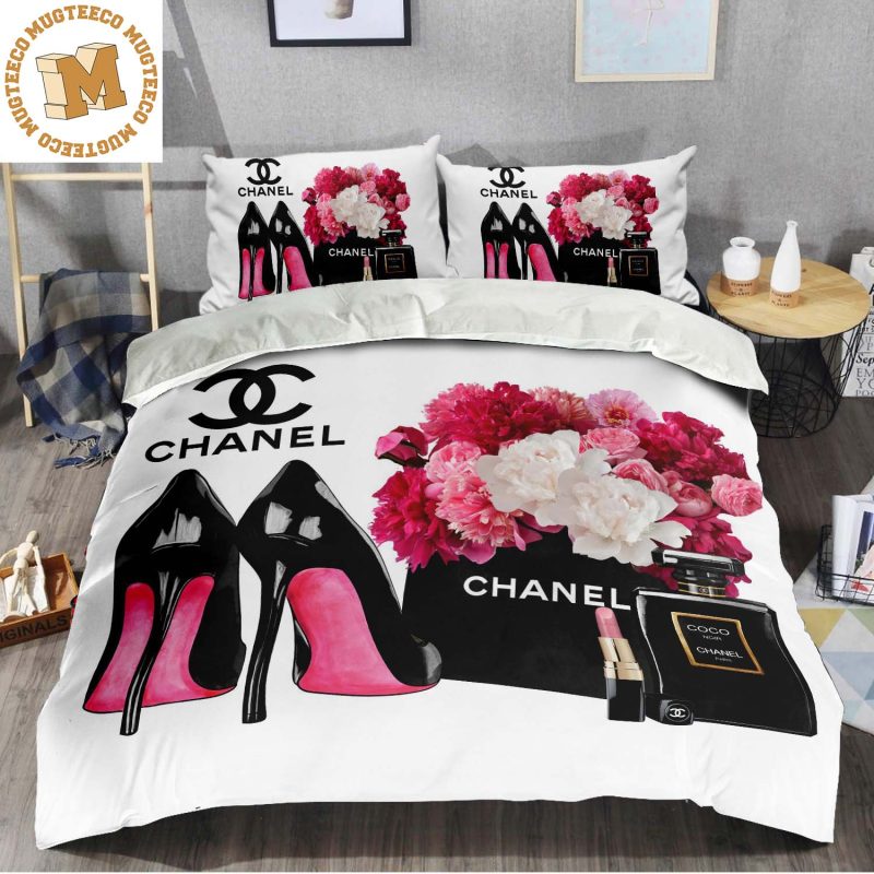 Chanel Coco Noir Paris Black Perfume With Pink Flowers In White Background Bedding  Set Queen - Mugteeco in 2023