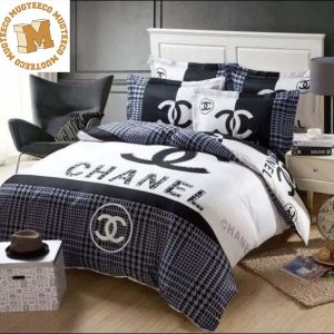 Chanel Big Logo With Black And Blue Knitting Pattern In White Background Bedding Set