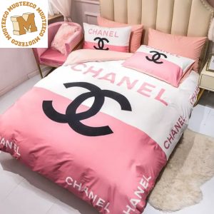 Chanel Big Logo With Chanel Letters In Pink And White Background Queen Bedding Set