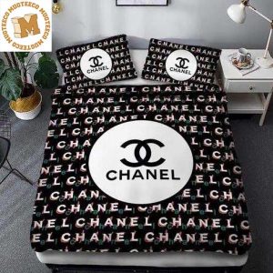 Chanel Big Logo With Letter Pattern In Black Background Bedding Set