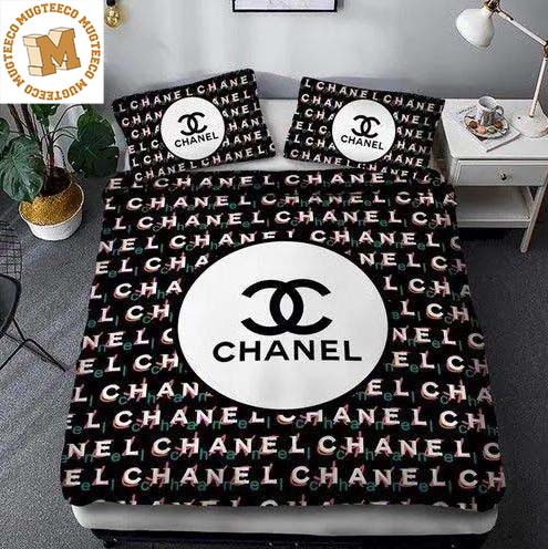 Best Chanel Big Signature Logo With White Monogram Stripes Ribbon In Basic  Black Background Bedding Set - Mugteeco