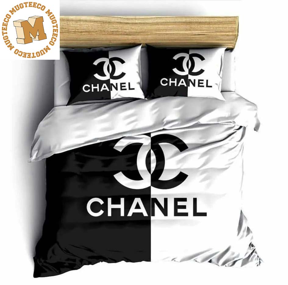 Chanel Black And White Big Logo Splited Basic Queen Bedding Set - Mugteeco