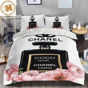Chanel Coco Noir Paris Black Perfume With Pink Flowers In White Background Bedding Set Queen