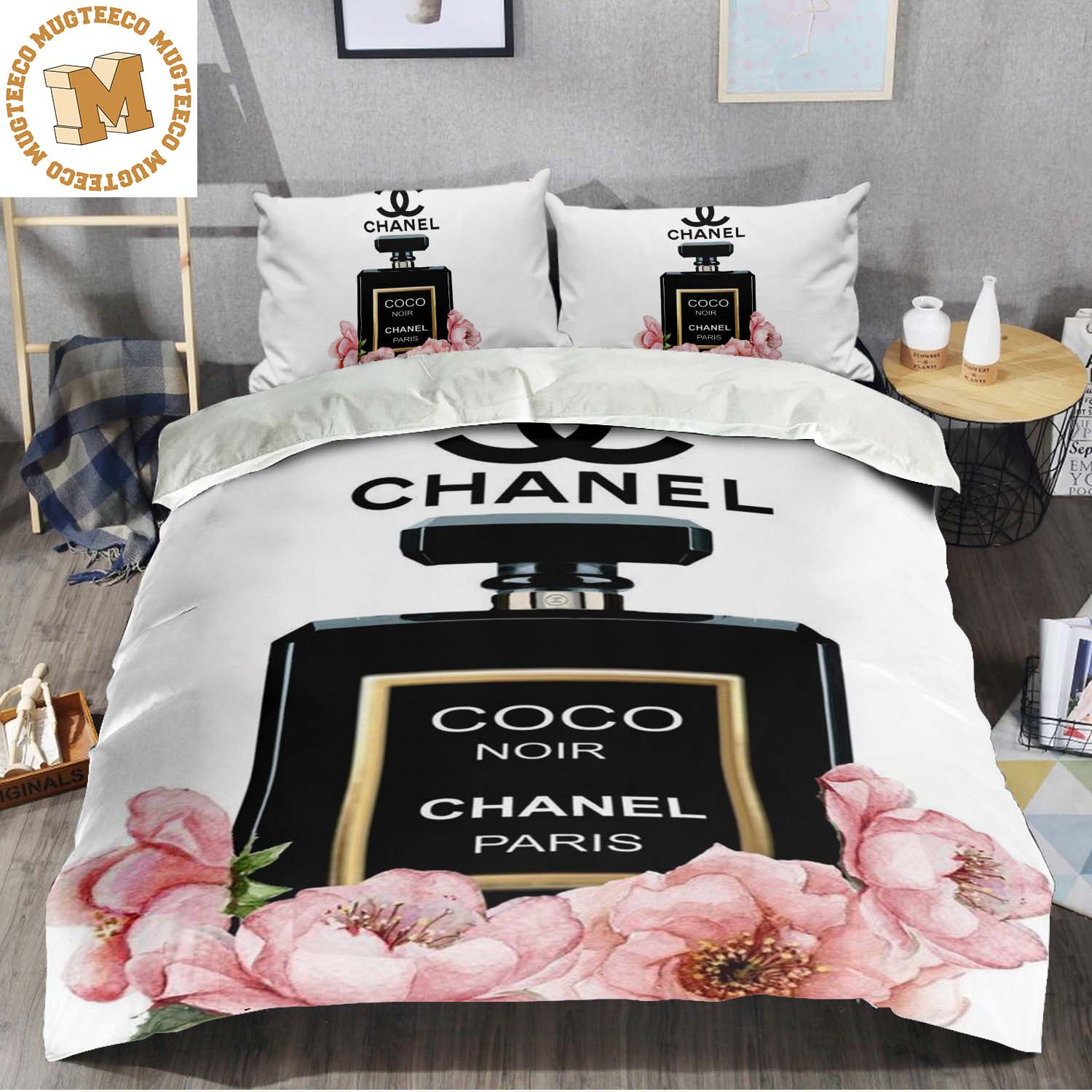 Chanel Coco Noir Paris Black Perfume With Pink Flowers In White Background Bedding  Set Queen - Mugteeco