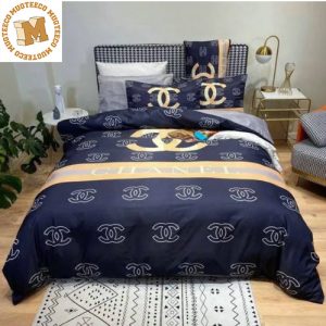 Chanel Golden Logo With Chanel Pattern In Navy Background Bedding Set Queen
