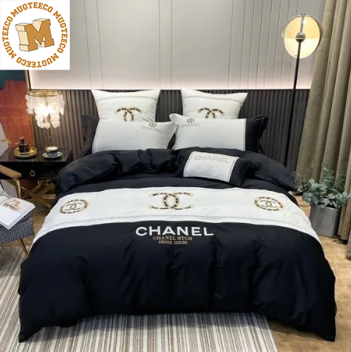 Chanel HTGH Black And White With Golden Logo Luxury Bedding Set - Mugteeco