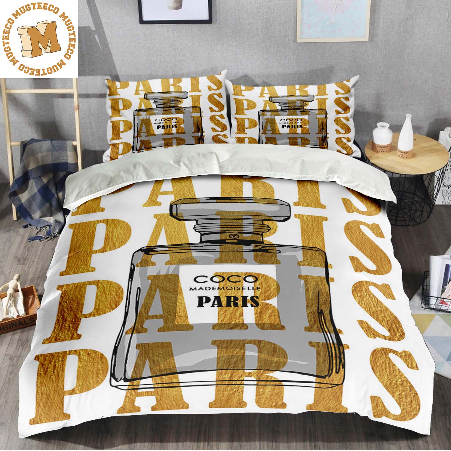Chanel No.5 Black Perfume Bottle With High Fashion Golden Paris Pattern In  White Background Bedding Set Queen - Mugteeco
