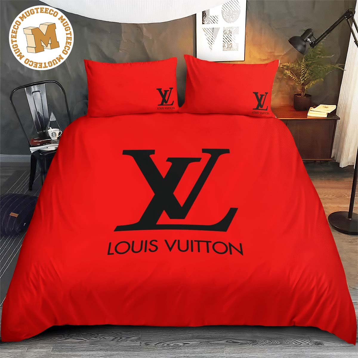 Best Louis Vuitton Big Silver Logo In Dark Grey Monogram Background Bedding  Set - Mugteeco