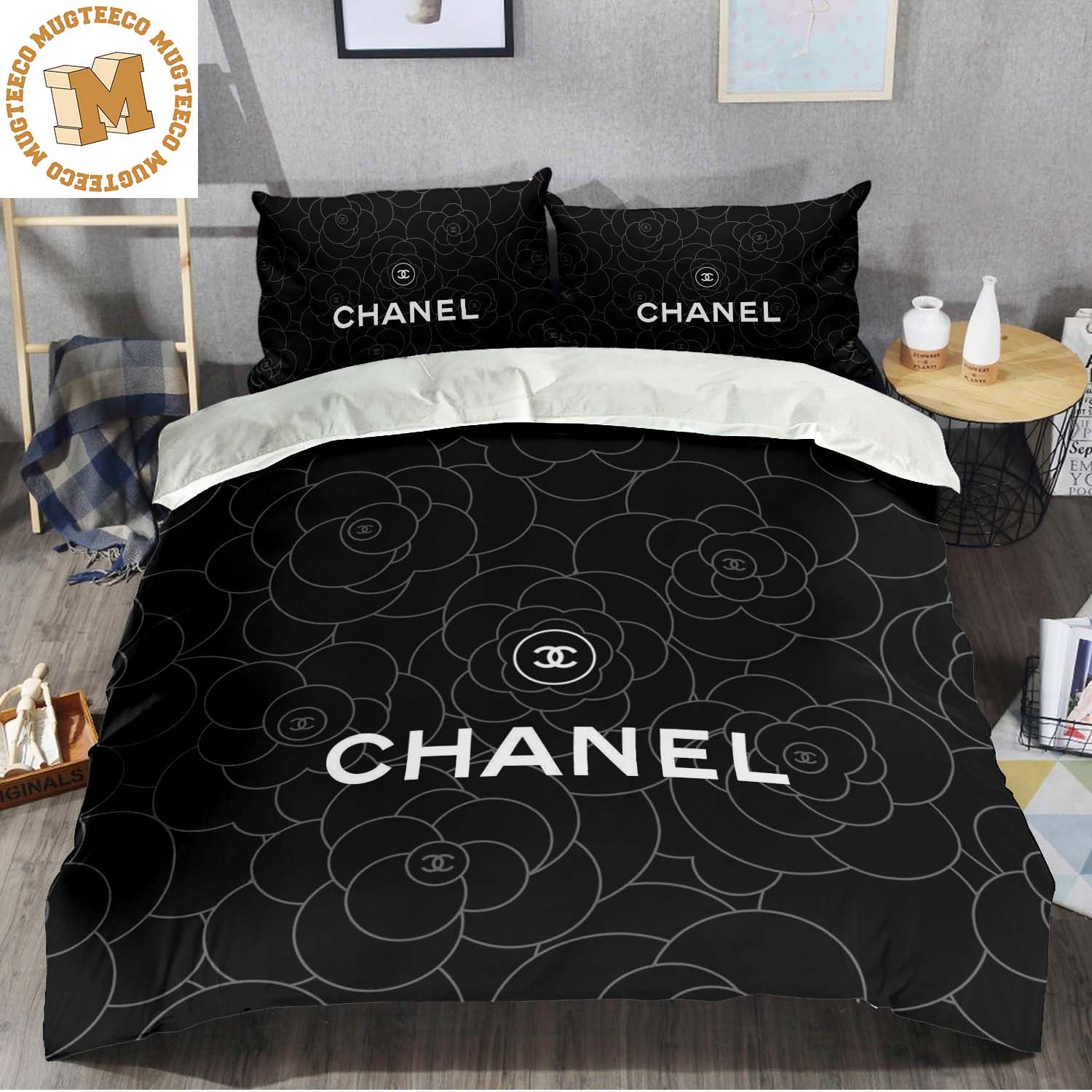Coco Chanel White Signature Flower In Black Background Queen Bedding Set -  Mugteeco