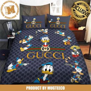 Gucci Big Logo With Donald Duck Scenes Pattern In Blue Monogram Background Bedding Set Queen