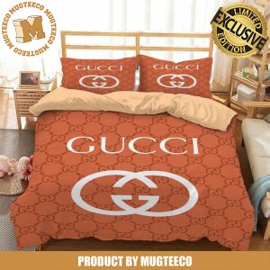 Gucci Big White Logo In Orange Fashion Monogram Background Bedding Set Queen