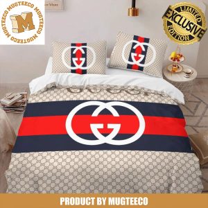 Gucci Big White Loo With Navy And Red Vintage Web In Beige Monogram Background Bedding Set Queen