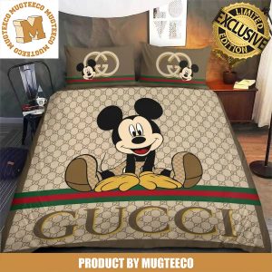 Gucci x Mickey Mouse Big Logo With Vintage Web In Signature Beige Monogram Background Bedding Set King