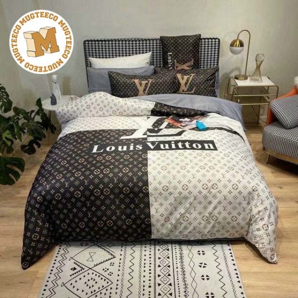 Louis Vuitton Big Logo With Checker Board Effect Black And White Monogram Background Comforter Bedding Set