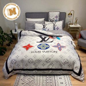 Louis Vuitton Big Logo With Colorful Icon With Grey Monogram Pattern In White Background Bedding Set