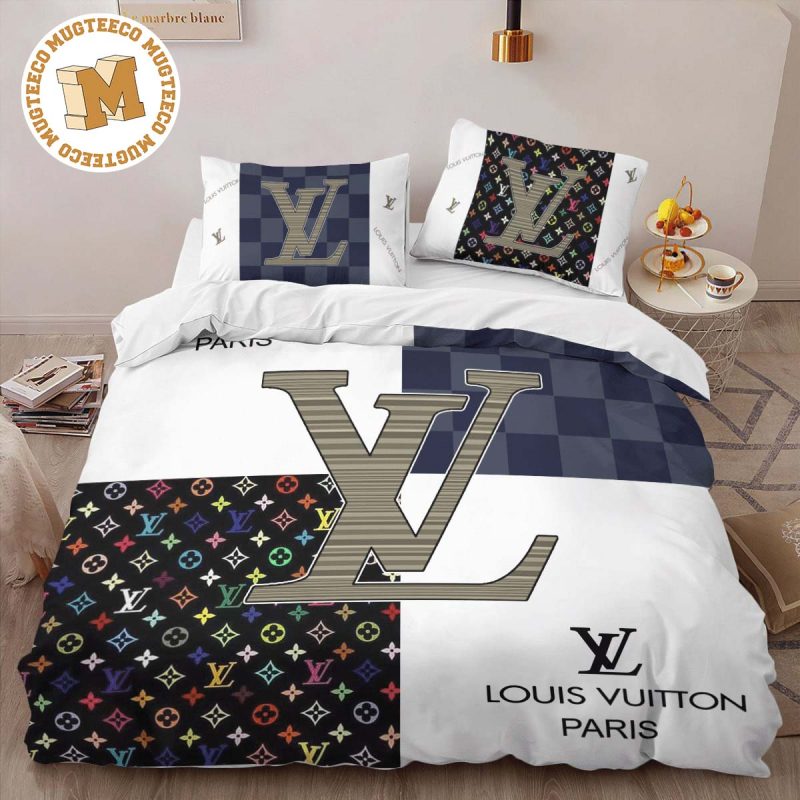 Luxury Louis Vuitton Cartoon Logo Font In Deep Blue Monogram Background  Bedding Set - Mugteeco