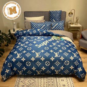 Louis Vuitton x Supreme In Blue Monogram Edition Background Comforter Bedding Set