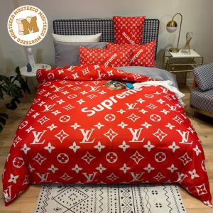 Louis Vuitton x Supreme In Signature Red Monogram Background Comforter Bedding Set