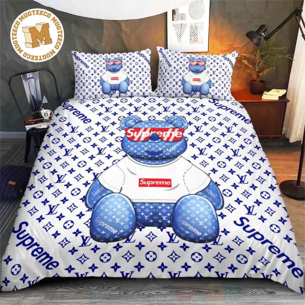 Louis Vuitton x Supreme Teddy Bear With Blue Monogram In White Background Bedding Set