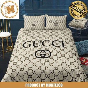 Luxury Gucci Big Black Logo In Classic Beige Monogram Background Bedding Set