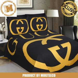 Luxury Gucci Big Golden Logo In Black Background Bedding Set