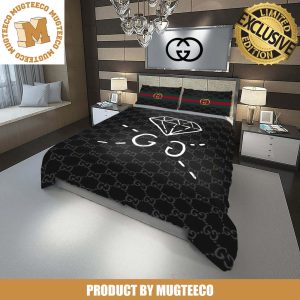 Luxury Gucci Diamond Big White Logo In Classic Black Monogram Background Bedding Set