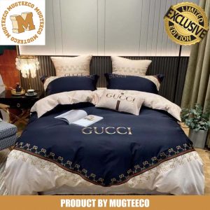 Luxury Gucci Logo In Navy And White Background With Monogram Detail Bedding Set