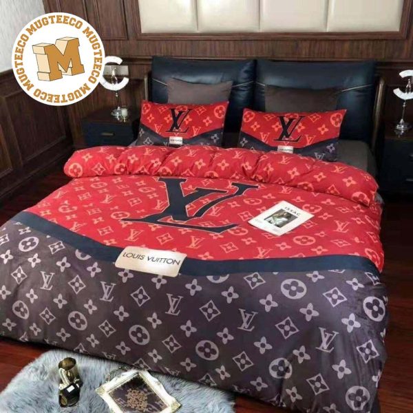 Luxury Louis Vuitton Luxury Red And Brown Monogram Background Bedding Set